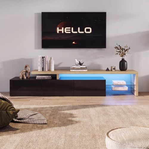 JYCRA TV-Schrank Lowboard 200 cm,Hochglanz Schwarz und Natur Holzmaserung,Modernes TV-Board,Fernsehtisch,Fernsehschrank mit 2 Glasböden und 3 Türen,Tv Cabinet für Wohnzimmer 200 L x 39 B x 42 H