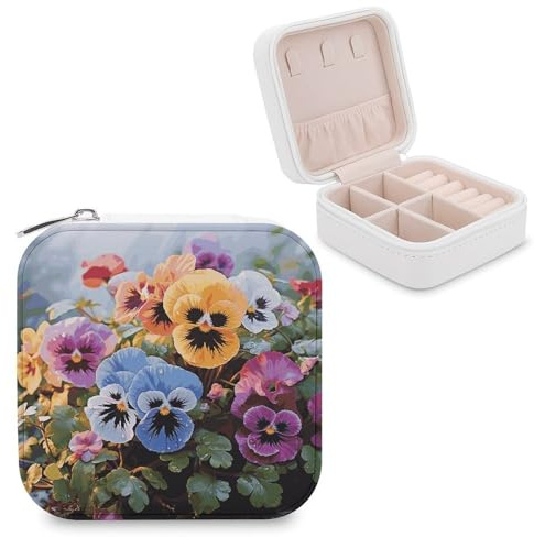 JTREHY Travel Pansy Flowers Jewelry Case Portable Display Storage Box PU Leather Mini Jewelry Travel Case Personalized Travel Jewelry Organizer Small Jewelry Box for Women