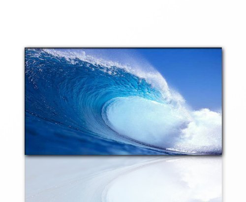 Moderne Wanddekoration! Welle Meer xxl günstig & modern (Big Wave-60x110cm) Deko Bilder fertig gerahmt mit Keilrahmen groß im Bilder Shop. Ausführung schöner Kunstdruck auf echter Leinwand als Wandbild mit Rahmen. Preiswerter als Ölbild Gemälde Foto Poster Plakat mit Bilderrahmen. Picture Style (Meer Küste Himmel Wolken Dämmerung Lichter blau gelb grau). 100% Made in Germany.