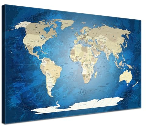 Stilvolle Pinnwand Weltkarte - Blue Ocean - Englisch in 100 x 70 cm, stabile Rückwand zum Pinnen inkl. Starterkit - Leinwand-Kunstdruck Wandbild Landkarte XXL