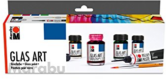 Marabu 1302000000088 - Glas Art Starter Set, brillante Glasfarbe mit feinem, fließendem Verlauf, intensive Leuchtkraft, für Glas, Porzellan und Acylglas, 4 x 15 ml Farbe, 20 ml Reliefpaste und Pinsel