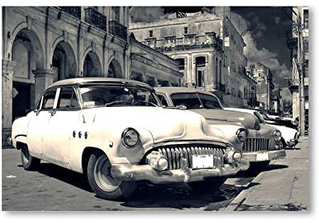Postereck - 0462 - Oldtimer, Kuba Auto Schwarz Weiss Havanna Vintage - Fahrzeug Wandposter Fotoposter Bilder Wandbild Wandbilder - Poster - DIN A3-29,7 cm x 42,0 cm