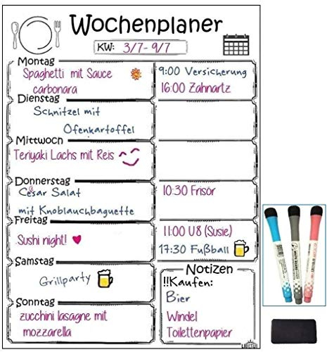 Libetui Magnetischer Wochenplaner, Magnettafel für Küche, Menüplaner, Weekly Menu Planer, nützliches Notizbrett für Einkaufsliste, 405 x 305 mm