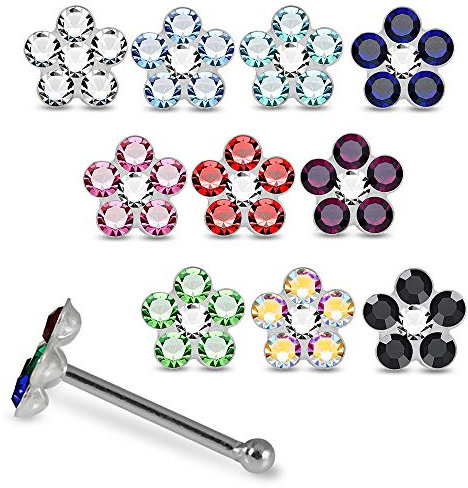 AZARIO LONDON 20 Pieces Box Set of 22 Gauge 925 Sterling Silver Multi Crystal Stone Flower Ball End Nose Pin Nose Stud Piercing Jewellery
