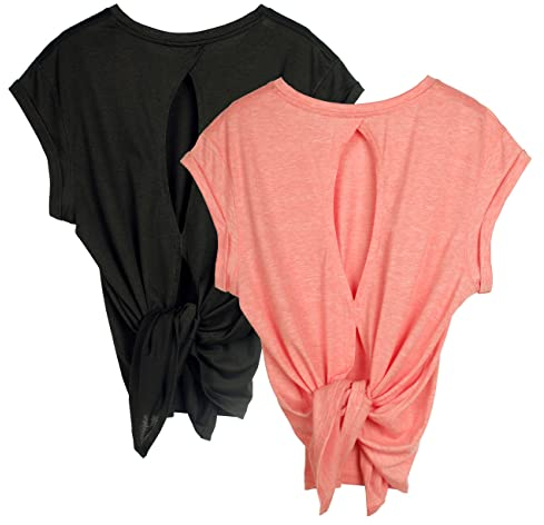 icyzone Damen Sport Top Fitness Yoga Shirt Rückenfrei Sommer Leichte Gym Top Sportshirt, 2er Pack (M, Black/Pale Blush)