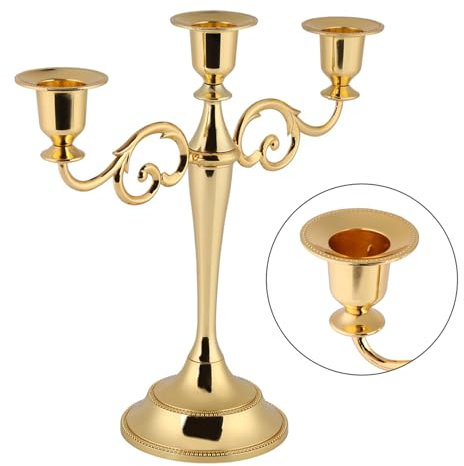 Hilitand Bougeoir Chandelier 3 Branches en Métal Style Européen Candélabre Bougeoir pour Table À Manger, Dîner Aux Chandelles, Décor à la Maison, Décoration de Mariage (Doré)