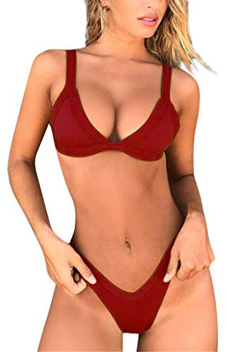 DAY8 Maillot de Bain 2 Pièces Femme Taille Haute String Sexy Sport Pas Cher Bikini Grande Taille Push UP Brésilien Tankini Shorty Vintage Swimwear Fille Plage Piscine (L, Bordeaux)