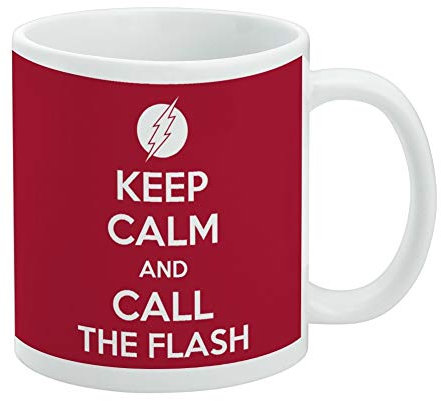 The Flash Keep Calm and Call Tazza da caffè in ceramica, idea regalo per caffè, tè e bevande calde, 325 ml, bianco