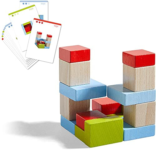 HABA 305455-3D - Legespiel Vier mal Vier, Bunte Holzbausteine zum Legen und Stapeln, 16 Bausteine in 4 Farben, 16 Vorlagekarten zum Nachbauen, Spielzeug ab 3 Jahren