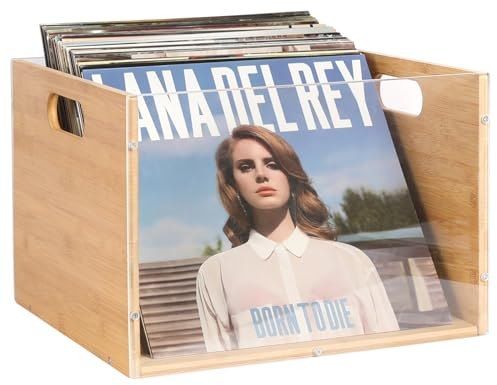 Schallplattenalbum Aufbewahrungskiste, Bambus & Acryl Vinyl Schallplattenkiste, Multifunktionale Sichtbare Schallplattenhalter Kiste mit Griff, Ideal für die Aufbewahrung von Vinyl Schallplatten