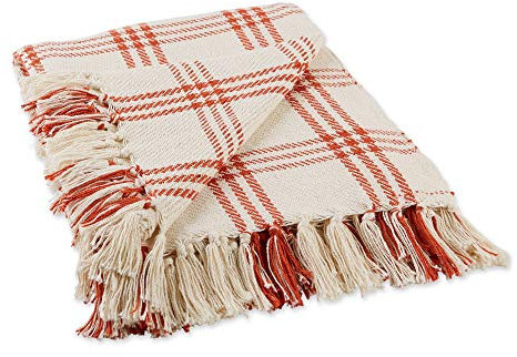 DII Modern Farmhouse Plaid Collection Baumwoll-Fransen-Überwurfdecke, Weiß/Vintage-Rot, 50x60