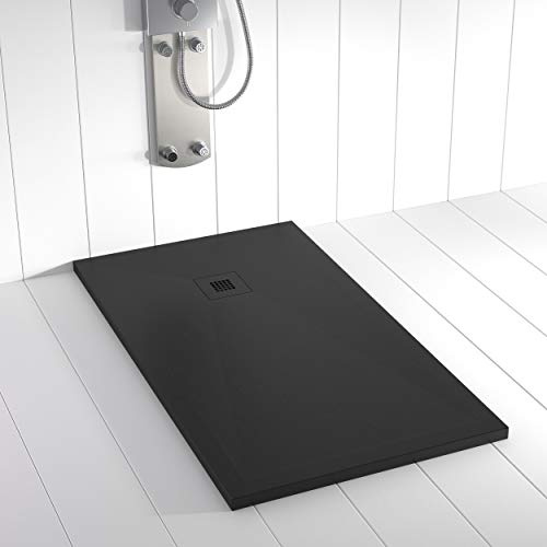 Receveur de douche en résine PLES Noir avec grille couleur 160x90 – Texture ardoise – Antidérapant – Grille et siphon inclus