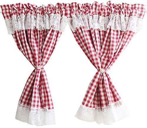 ACMHNC Scheibengardine Landhaus Vintage, Karierte Küche Gardine mit Spitze, Kurzstores Gardinen Kleinfenster Kurz Bistrogardine 2er Set,W x H 115x70cm
