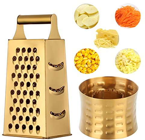 Buyer Star 2 Pcs Gold Professional Kitchen Gadgets Set Box Grater with 4 Sides and Corn Stripper Grater Peeler Slicer Best for Parmesan Cheese, Vegetables, Ginger,A225