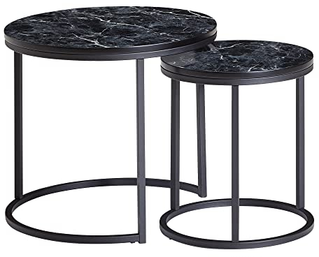 möbelando Design Beistelltisch 2er Set Schwarz Marmor Optik Rund | Couchtisch 2-teilig Tischgestell Metall | Kleine Wohnzimmertische | Moderne Satztische
