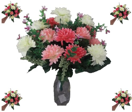 Realistic 41cm Artificial Cemetery Bouquet – UV Resistant Memorial Flowers with Wired Stems for Graves, Funerals & Garden Displays (Multiple Colors) Chrysanthemum Bouquet (Pink, Cream)