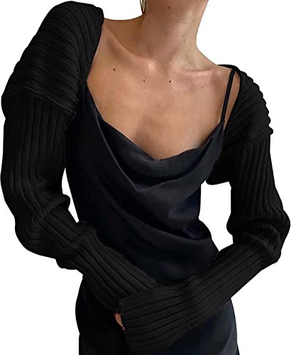 LOFAAC Y2K Damen Strickjacke mit offener Vorderseite, gerippt, bauchfrei, einfarbig, schulterfrei, Puffärmel, bauchfreier Bolero, Schwarz, Groß
