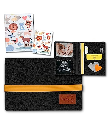 U Heft Hülle, Geschenk für Schwangere und Mama's mit vielen Fächern für Mutterpass, Ultraschallbilder, Kinder U-Heft, Impfpass uvm. (Schwarz, U Heft)