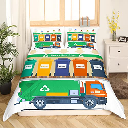 Recycling Müllwagen Bettwäsche 135x200,Grüner Müllwagen Bettbezug für Kinder Jungen Mädchen Jugendliche,Bunte Recycling Tonnen Bettwäsche Set Abfallwirtschaft Thematischer Bett Set mit 1 Kissenbezug