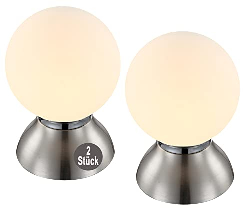bmf-versand® Nachttischlampe Touch 2er Set mit LED – Tischlampe Wohnzimmer Modern Glas – Lampe Schlafzimmer Nachttisch Warmweiß – Tischleuchte Weiß Silber – Nachttischleuchte Kugel