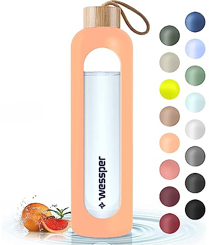 Wessper Botella de Cristal, Botella Agua Motivacional, con Marcas de Tiempo, Vidrio de borosilicato con Tapa de Bambú, Sin Fugas, para Deporte, Camping, para Niños y Adultos 1L – Albaricoque