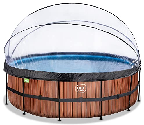 EXIT Toys Wood Pool with Multifunctional Cover - ø14.8x4ft - Large, Round Frame Pool with Sand Filter Pump and Pool Ladder - Extra Deep Pool - For Clean and Warm Pool Water - Brown