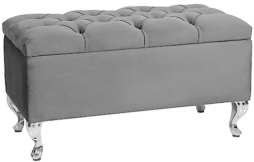 LORDLY Sitzbank mit Stauraum MODIANO CR 81x42cm – grau Velourstof, Sitztruhe, Aufbewahrungsbox, Polsterbank mit Samtbezug für Wohnzimmer, Schlafzimmer, Diele