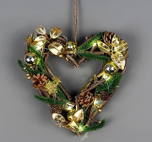 30cm Prelit Heart Wreath Battery Operated - Wooden Twigs Base Decorated with Golden Baubles,Berries,Leaves,Stars,Foliage,Pine Cones, Micro Rice LED Lights - Christmas Home Hanging Decoration