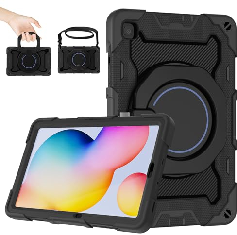 ROISKIN Samsung Galaxy Tab S6 Lite Hülle 10,4 Zoll: Robuste S6 Lite 2020/2022/2024 Hülle für SM-P610/ P615/ P613/ P619 mit Stifthalterung & 360 drehbarem Ständer & Schultergurt, Schwarz