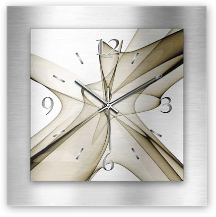 Kreative Feder 3D Designer-Wanduhr „Abstrakt Olive“ aus gebürstetem Aluminium 3D-Wölbung flüsterleises Uhrwerk (leises Funkuhrwerk)