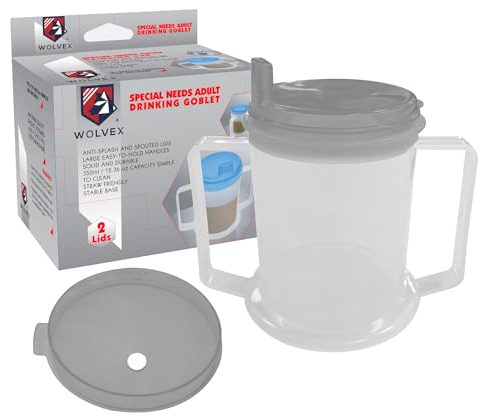 Wolvex 350ML Adult Drinking Cup Beaker with Handles & Anti Spill lids for Disabled Adults Dishwasher and Microwave Safe BPA, PVC and Latex Free