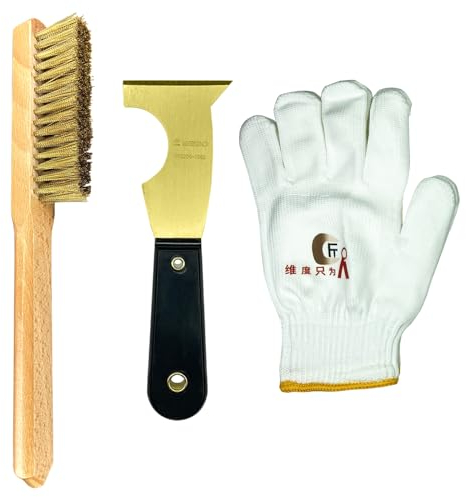 WEDO 3-teiliges Spachtel Set,Messing Multifunktionsspachtel mit Kunststoffgriff,62mm breit x 200mm,Messing-Drahtbürste mit Holzgriff,Länge 290mm,Handschuhe,Palettenmesser Kratzer zum Entfernen