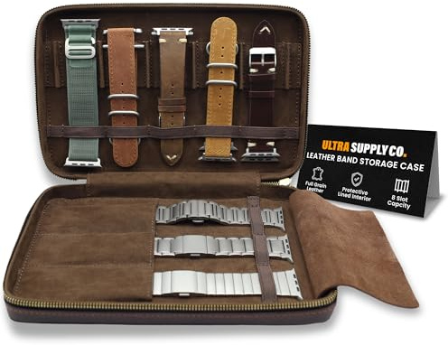 Ultra Supply Co. Handgefertigtes Leder-Uhrenarmband-Etui – Premium-Vollnarbenleder-Uhrenarmband-Organizer für 8 Armbänder & 3 Metallbänder – Smartwatch-Hülle für Reisen, Armbandtasche