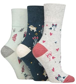 SockShop Gentle Grip Ladies Floral Spotted Patterned and Striped Honeycomb Top Cotton Socks in a Multipack of 3 Assorted Colours Size 4-8 Dogs/Owl/Bunny