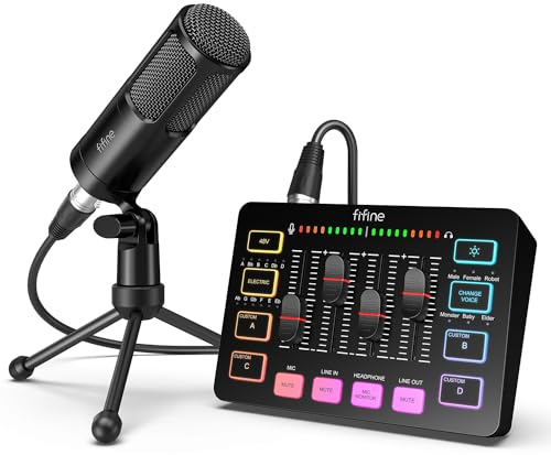 FIFINE Paquete de equipos de audio para podcast de juegos, juego de mezclador RGB de transmisión con micrófono vocal dinámico XLR, kit de grabación de voz con atenuador de volumen, control individual,