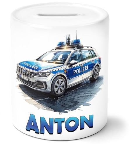 timalo® Coole Spardose personalisiert mit Namen | Personalisierbares Geschenk Sparschwein für Kinder Geschenkidee | Polizei Auto