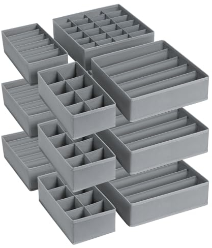 DIMJ Underwear Drawer Organiser Divider - 12 Pack 129Cells Foldable Wardrobe Organisers for Bras, Socks, Ties, and Scarves, Fabric Organiser Boxes for Closet Wardrobe Shelves(Grey)