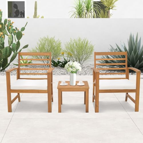 GIANTEX 3 TLG. Gartenmöbel Set Akazienholz, Balkonmöbel Terrassenmöbel Set 2 Personen, Gartengarnitur Lounge Set 2 Stühle mit Holztisch, Garten Sitzgruppe Sitzgarnitur Gartenlounge Set inkl. Kissen