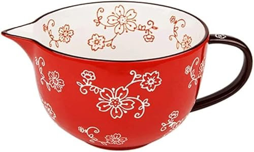 1pcs ceramic bowl with spout, mixing bowl with handle, kitchen bowl, salad, vegetables,Green,red,1000ml/35oz