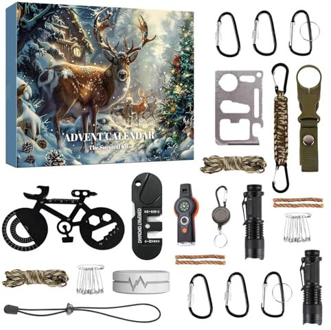Survival Kit Adventskalender 2024 - Adventskalender 2024 Männer Survival Kit | 24 Tage Weihnachten Countdown Survival Kit | Survival Tools Adventskalender | Survival Gear für Erwachsene Coole Gadgets