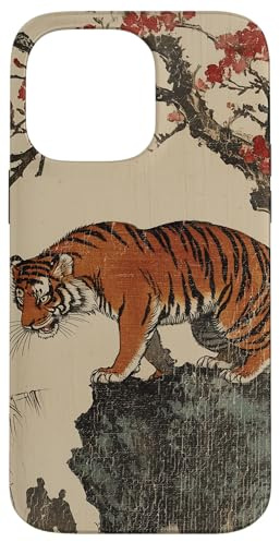 Vintage Japanese Tiger with Cherry Blossoms Tree Woodblock Case for iPhone 14 Pro Max