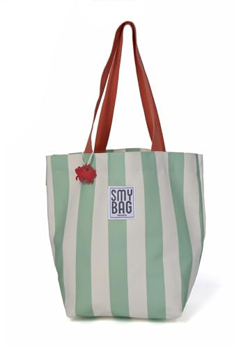 Ponette - Bolsa de Playa Individual Estampada con Rayas Anchas Crudas y Verdes, Asas Color Teja, Forro, Bolsillo, Playa, Piscina, Tote, Marca Española
