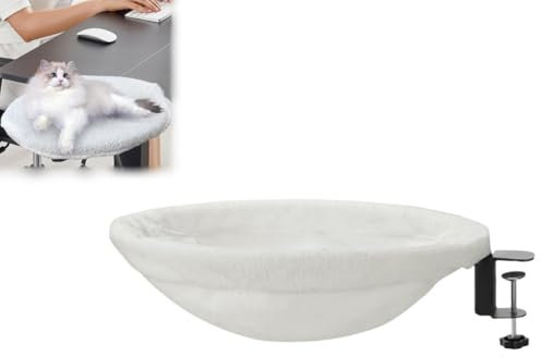 Tiuyii Cat Desk Bed - Soft Faux Fur Fabric - Adjustable Cat Shelf Bed for Indoor Desk - Supports Up To 50lbs, Grey, Iron, Fabric