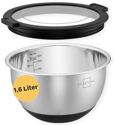 SILBERTHAL Edelstahl Schüssel mit Deckel - 1,6l Rührschüsseln zum Servieren, Kochen, Backen, Aufbewahren - Rutschfester Boden