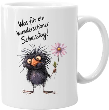 Lustige Kaffeetasse mit Rabe, 330ml, Spruch 'Was für ein wunderschöner Scheißtag', Spülmaschinenfest, Weiß