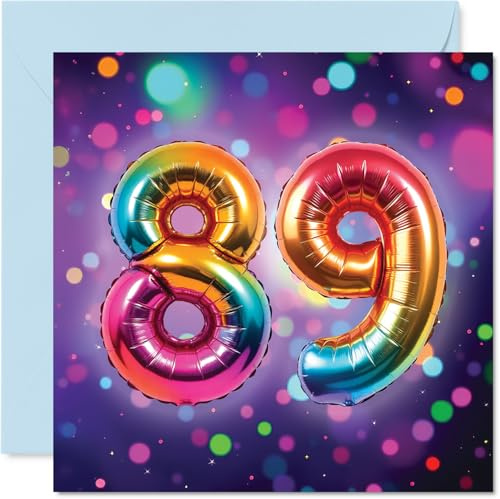 Stuff4 Geburtstagskarte zum 89. Geburtstag für Damen und Herren, Regenbogen-Folienballon, Happy Birthday Karte für 89 Jahre alte Frau, Mann, Nanny, Oma, Tante, Vater, 145 mm Geburtstagsgrußkarten