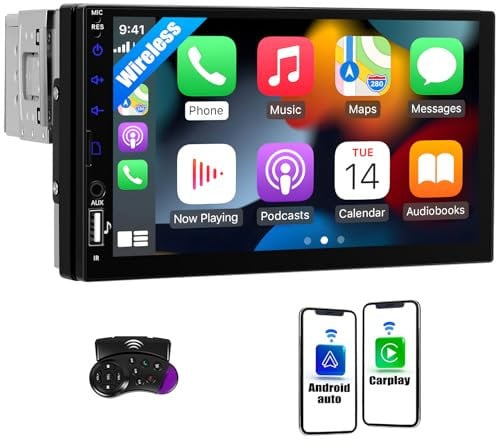 CAMECHO 7 Single Din Car Stereo with Wireless Apple CarPlay Android Auto, HD Touchscreen 1 Din Car Radio with Bluetooth 5.2 FM Radio Mirror Link AUX/TF/USB Head Unit + Steering Wheel Control