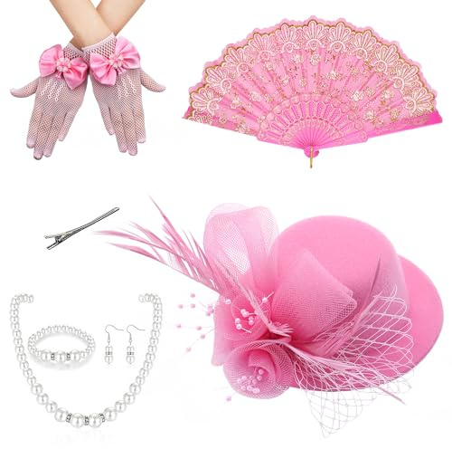 ETOFETE 4PCS Fascinators Mini Hat Set with Necklace Earring Hand Fan and Lace Gloves for Flower Hair Accessories Wedding Party