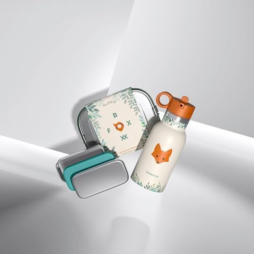 FOXBOXX SCHULE Kinder-Set – ÖKO Lunchbox Edelstahl + FOX Trinkflasche isoliert + Bürste – auslaufsicher, BPA-frei (foxy orange 350ml, 800ml special)