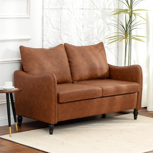 HOMCOM 2 Seater Sofa Modern Small Sofa with Solid Wood Legs Bedroom Brown | PU Leather Upholstered, Loveseat Settee, Living Room, Home Office